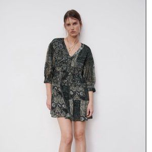 NEW Zara Empire Waist Paisley Pattern Dress Metallic Thread Long Sleeve Flowy